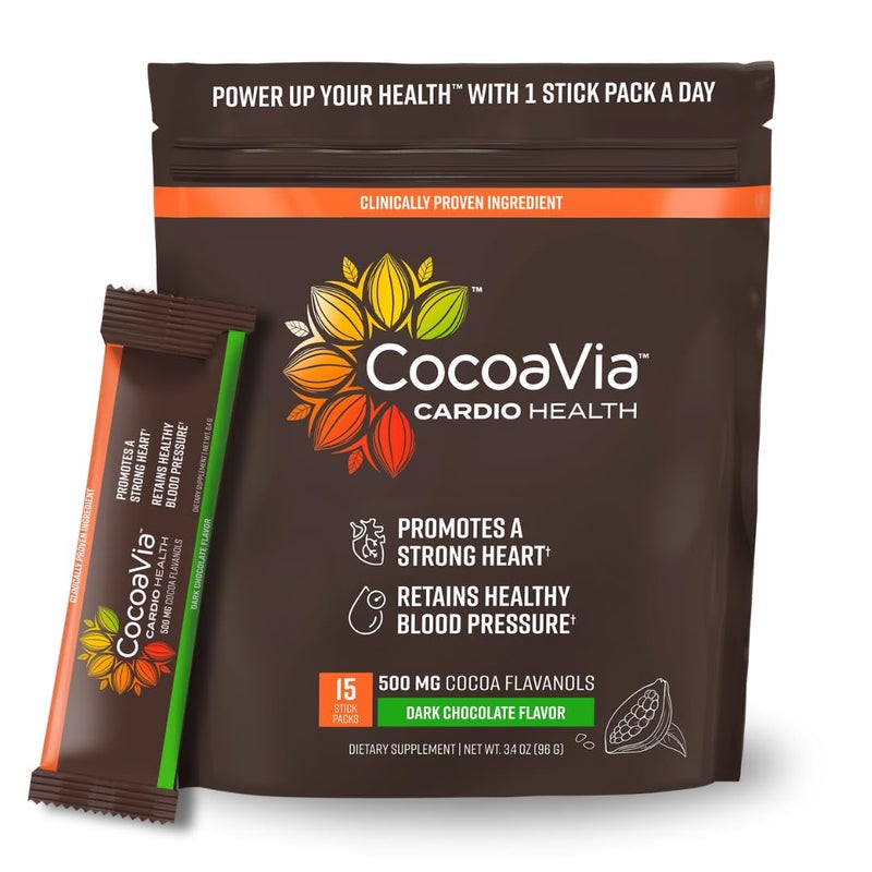 CocoaVia Cardio Health Cocoa Powder, 15 Single Serve Sticks, 500mg Cocoa Flavanols, Support Heart Health, Boost Nitric Oxide, Improve Circulation, Energy, Preworkout, Travel-Friendly, Vegan, Cacao - Image 1